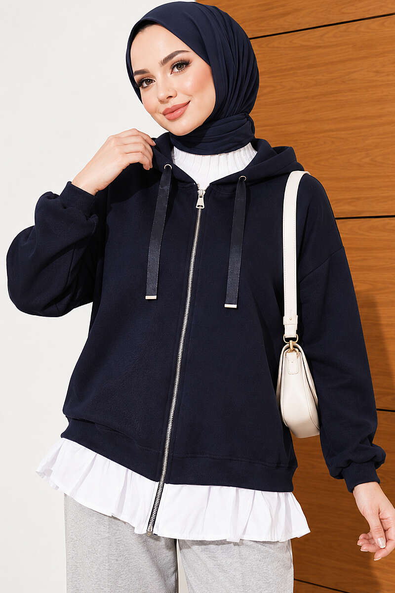 Hooded Loycha Cardigan with Ruffle Trim - Navy