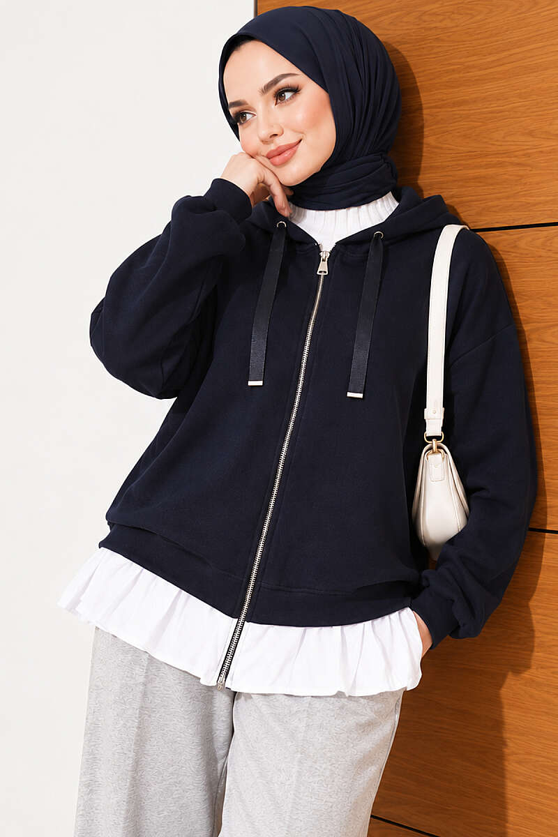 Hooded Loycha Cardigan with Ruffle Trim - Navy