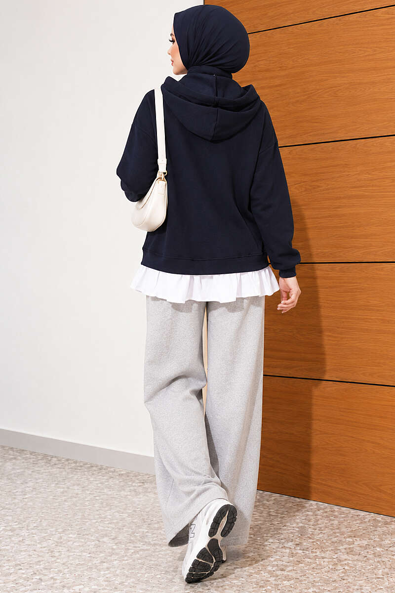 Hooded Loycha Cardigan with Ruffle Trim - Navy