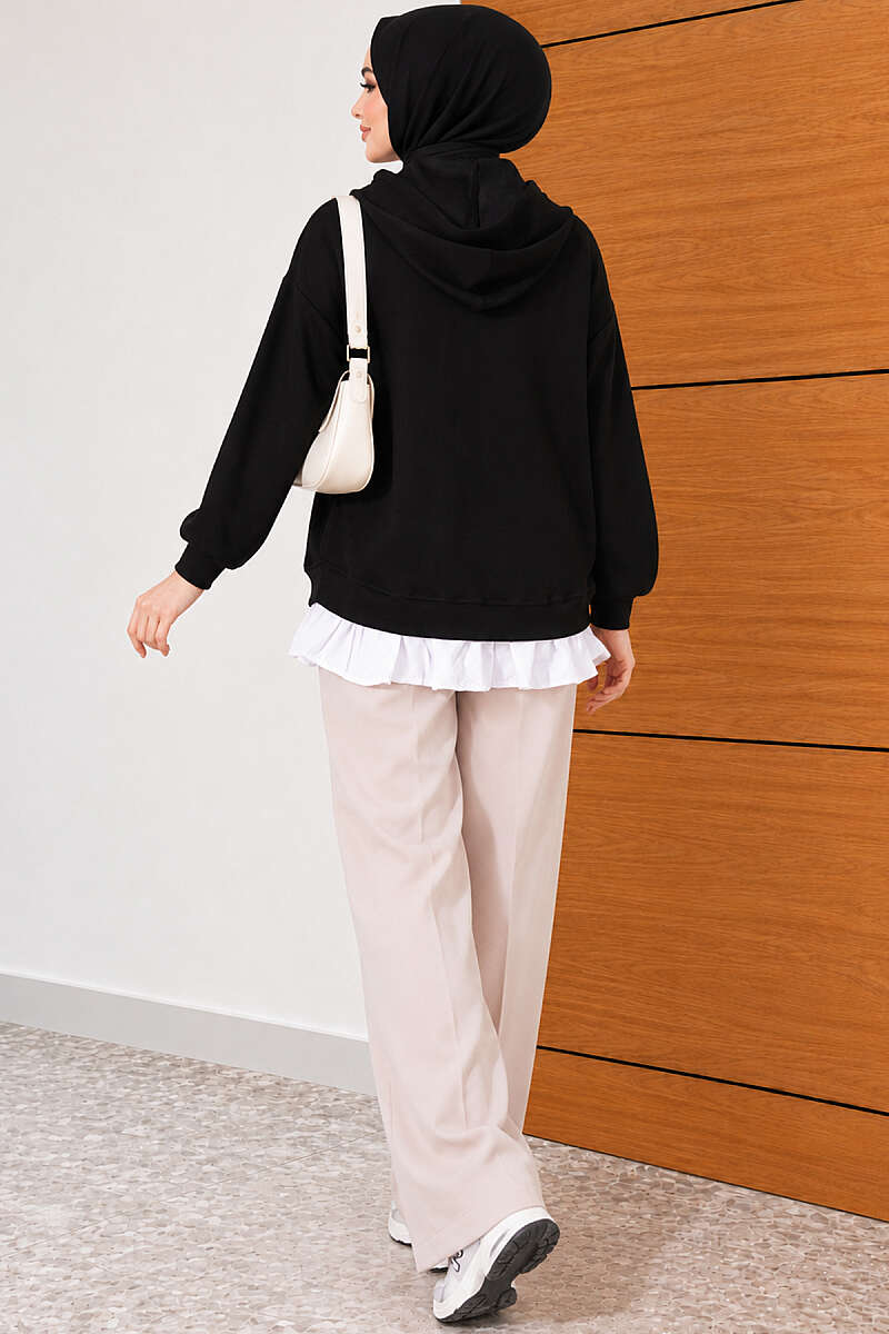 Hooded Loycha Cardigan with Ruffle Trim - Black