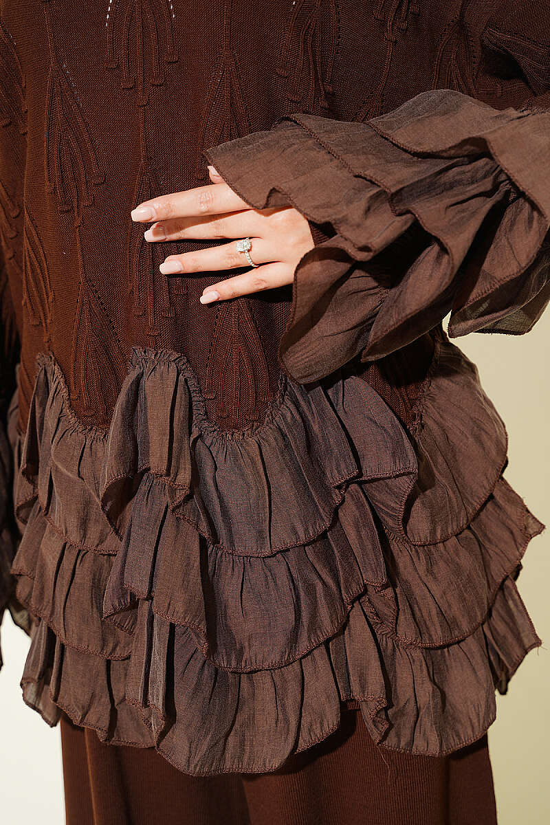 Ruffle-Trim Knit Two-Piece Set - Brown