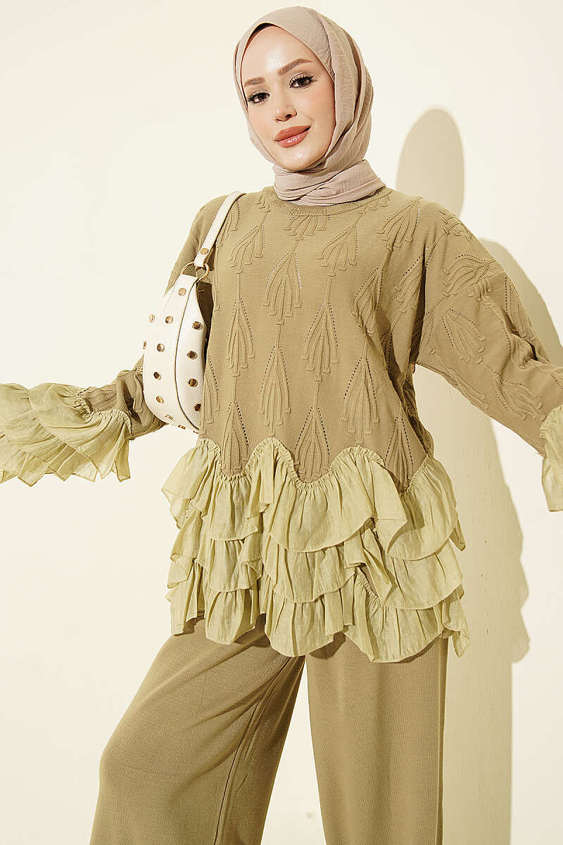 Ruffle-Trim Knit Two-Piece Set - Olive