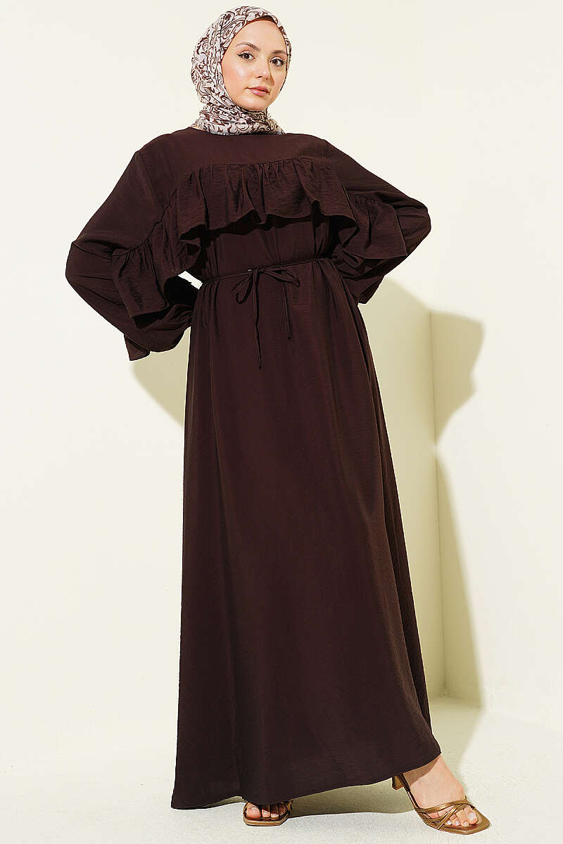 Ruffle-Trim Dress with Cord Belt - Dark Brown
