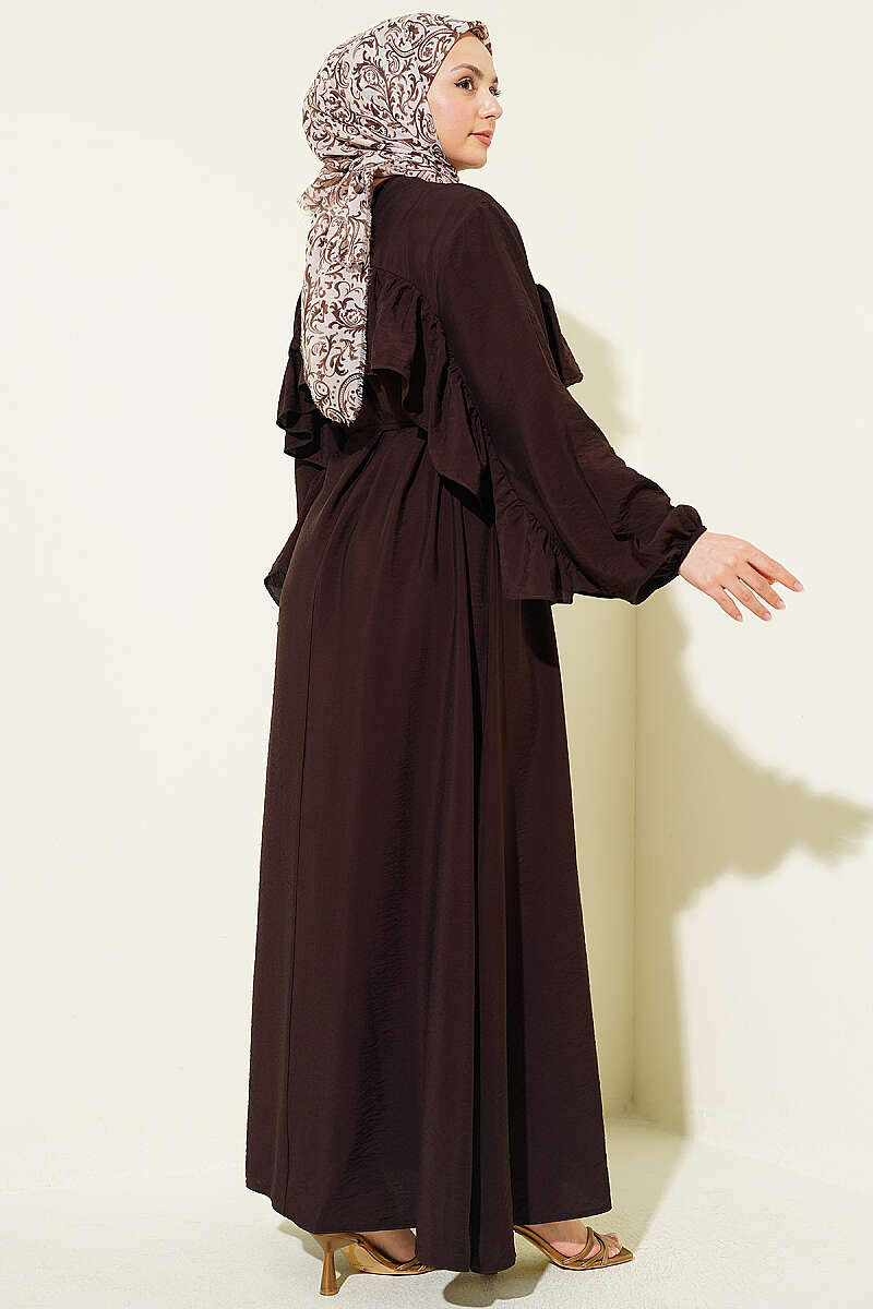 Ruffle-Trim Dress with Cord Belt - Dark Brown