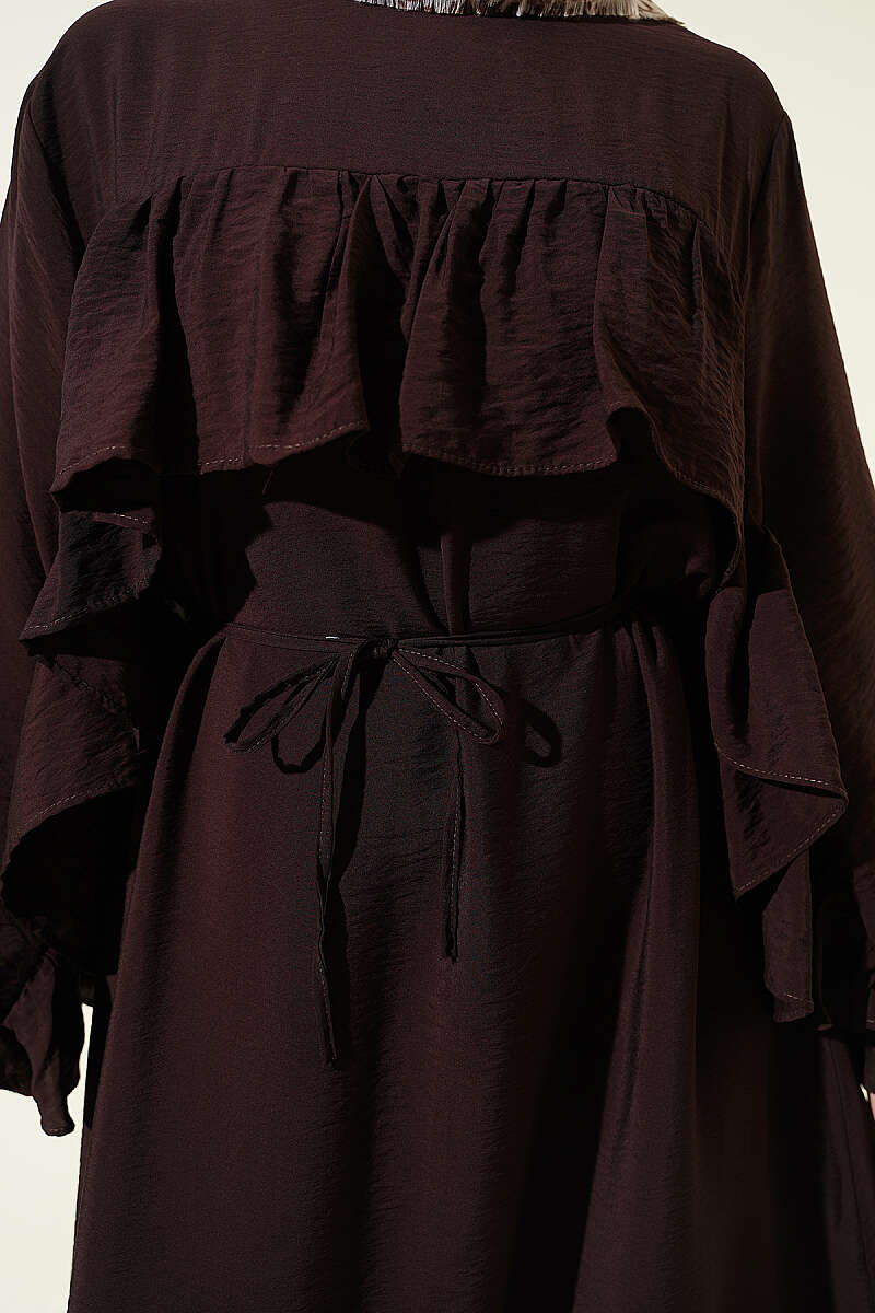 Ruffle-Trim Dress with Cord Belt - Dark Brown