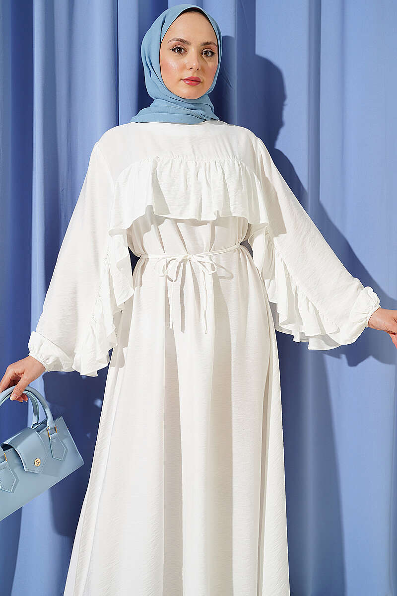 Ruffle-Trim Dress with Cord Belt - Ecru