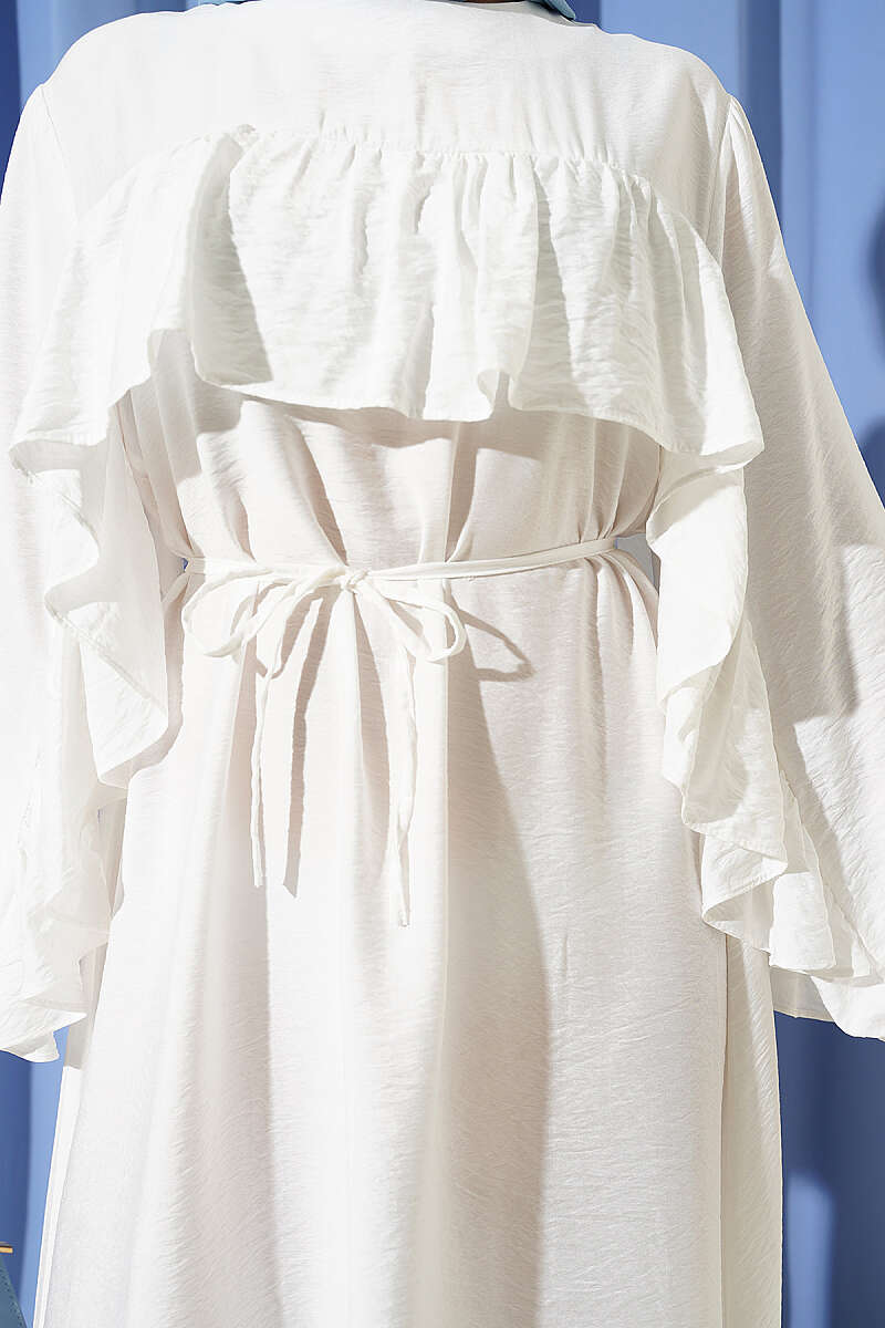 Ruffle-Trim Dress with Cord Belt - Ecru