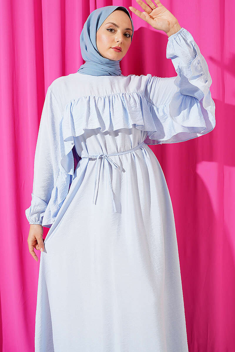 Ruffle-Trim Dress with Cord Belt - Blue