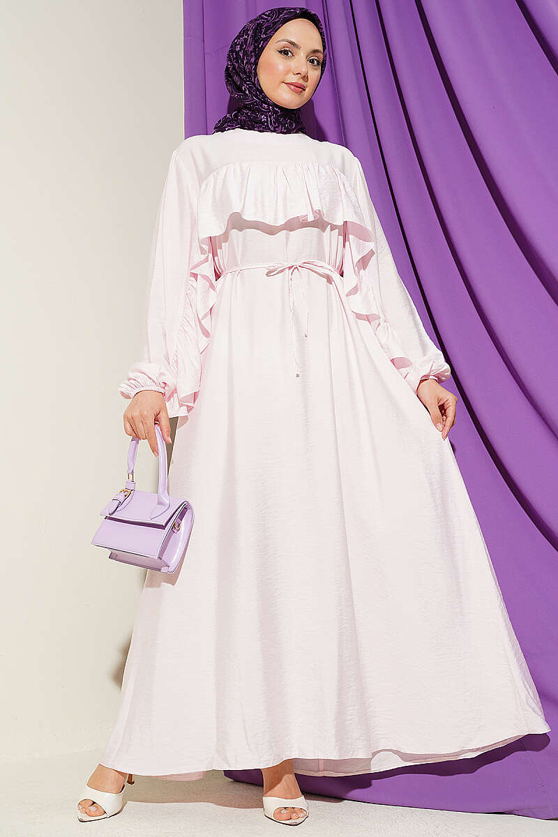 Ruffle-Trim Dress with Cord Belt - Pink