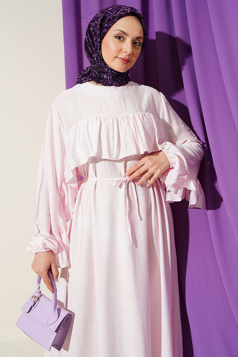 Ruffle-Trim Dress with Cord Belt - Pink