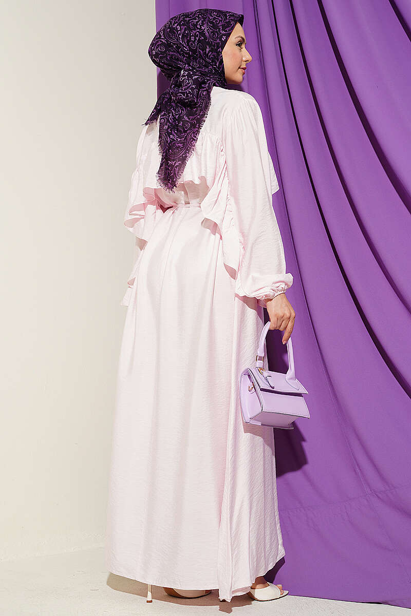 Ruffle-Trim Dress with Cord Belt - Pink