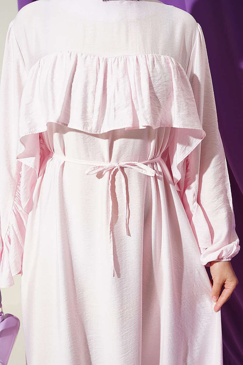 Ruffle-Trim Dress with Cord Belt - Pink