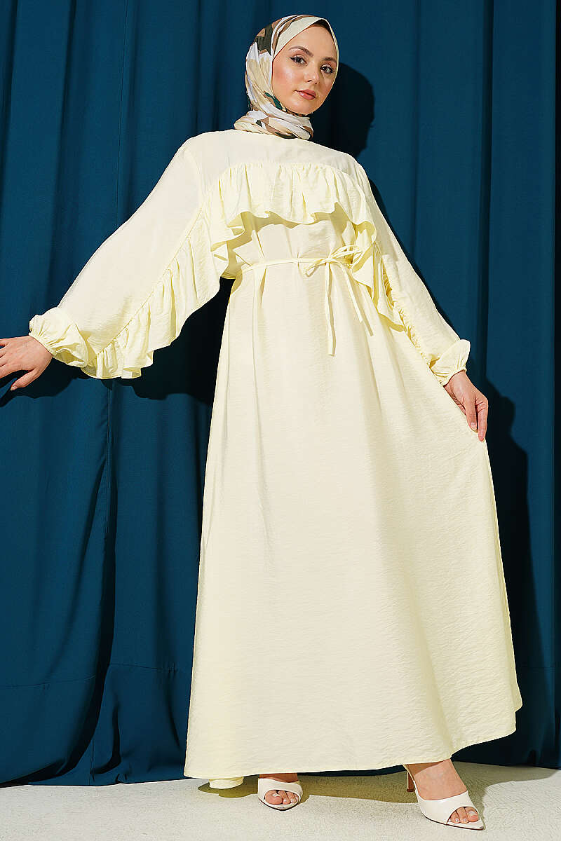 Ruffle-Trim Dress with Cord Belt - Yellow