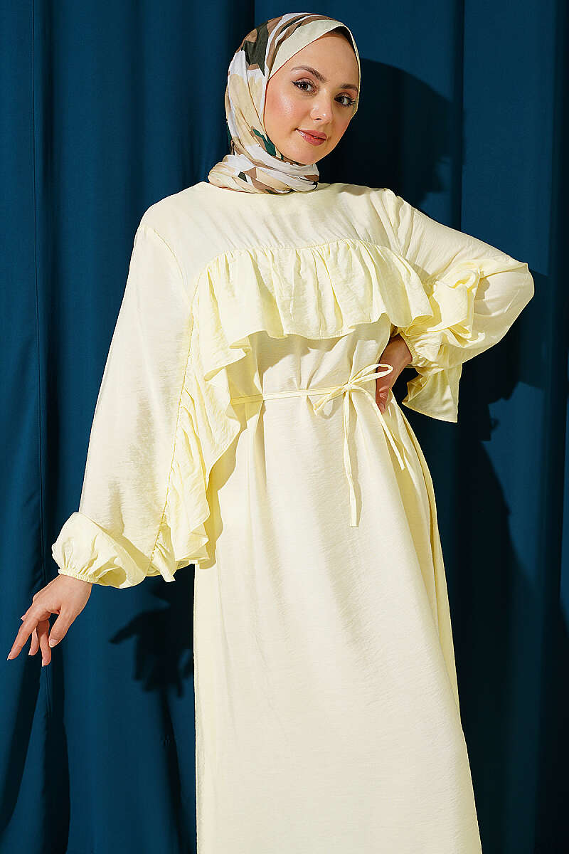Ruffle-Trim Dress with Cord Belt - Yellow