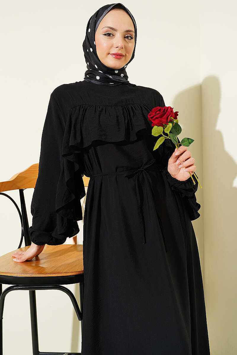 Ruffle-Trim Dress with Cord Belt - Black