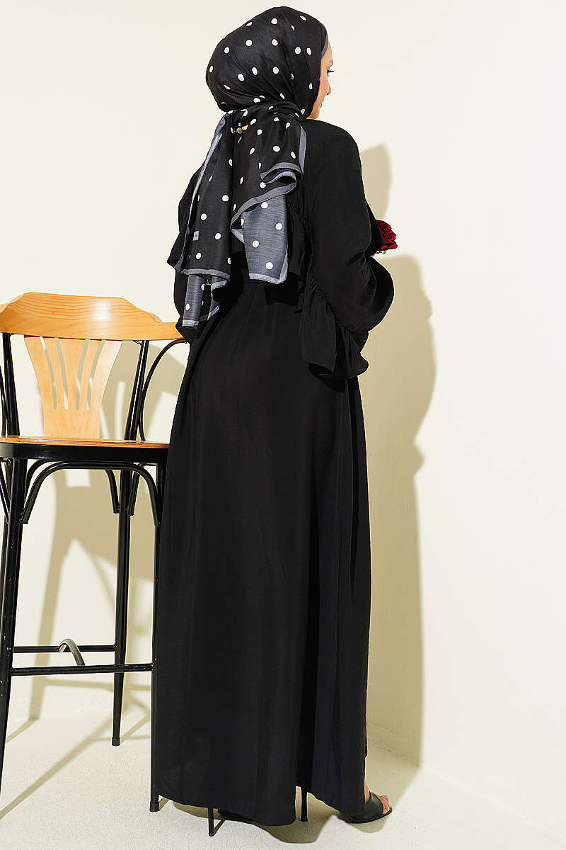 Ruffle-Trim Dress with Cord Belt - Black