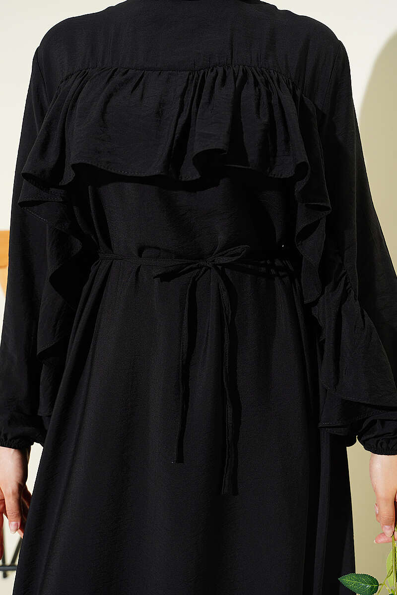 Ruffle-Trim Dress with Cord Belt - Black