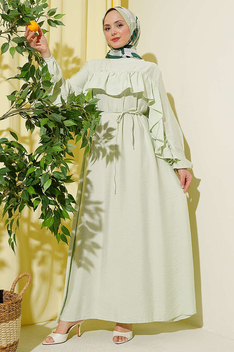 Ruffle-Trim Dress with Cord Belt - Aqua Green