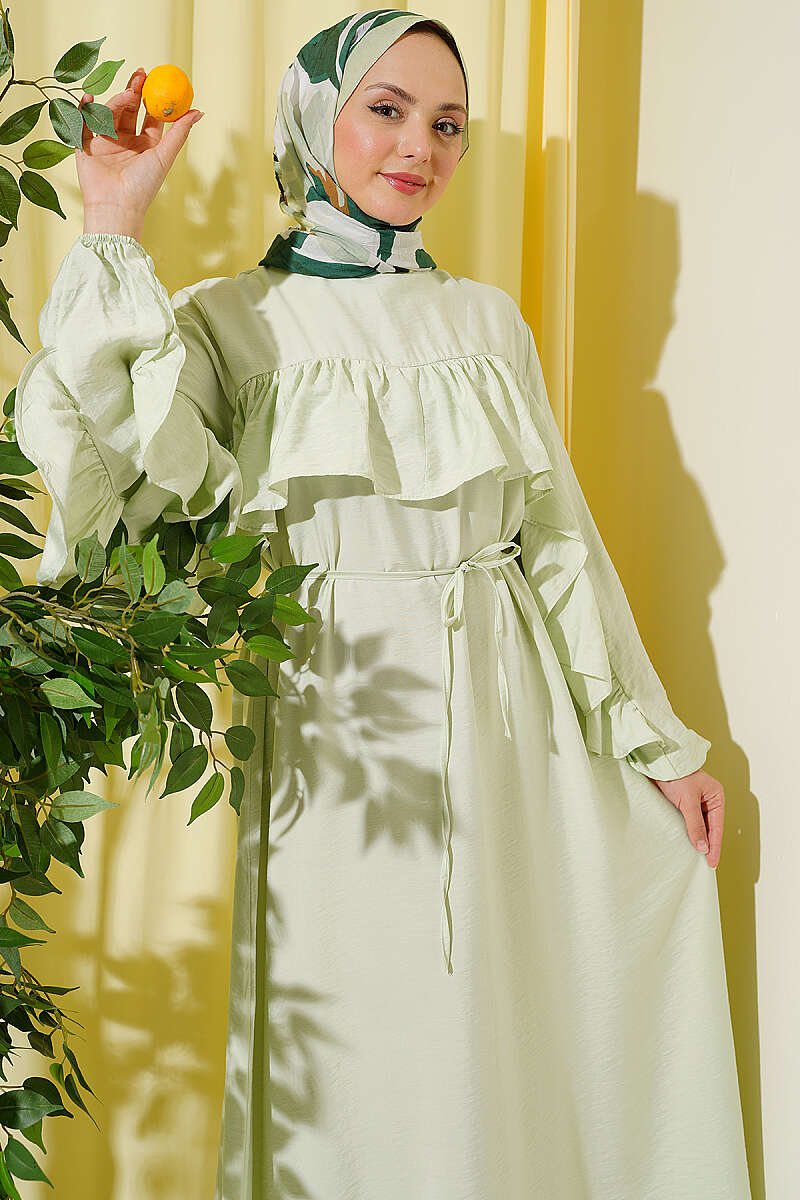 Ruffle-Trim Dress with Cord Belt - Aqua Green