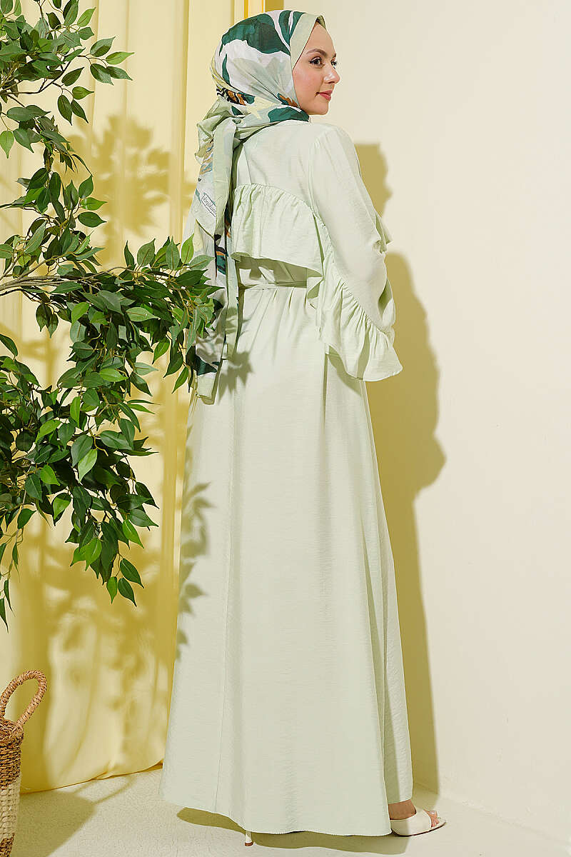 Ruffle-Trim Dress with Cord Belt - Aqua Green