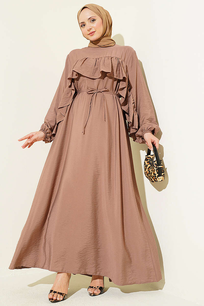 Ruffle-Trim Dress with Cord Belt - Mink