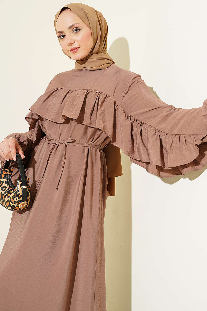 Ruffle-Trim Dress with Cord Belt - Mink