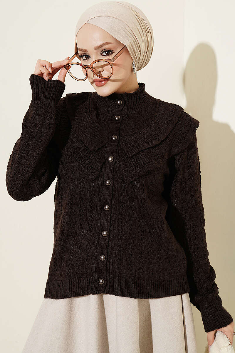 Ruffled-Collar Button Knit Cardigan - Brown