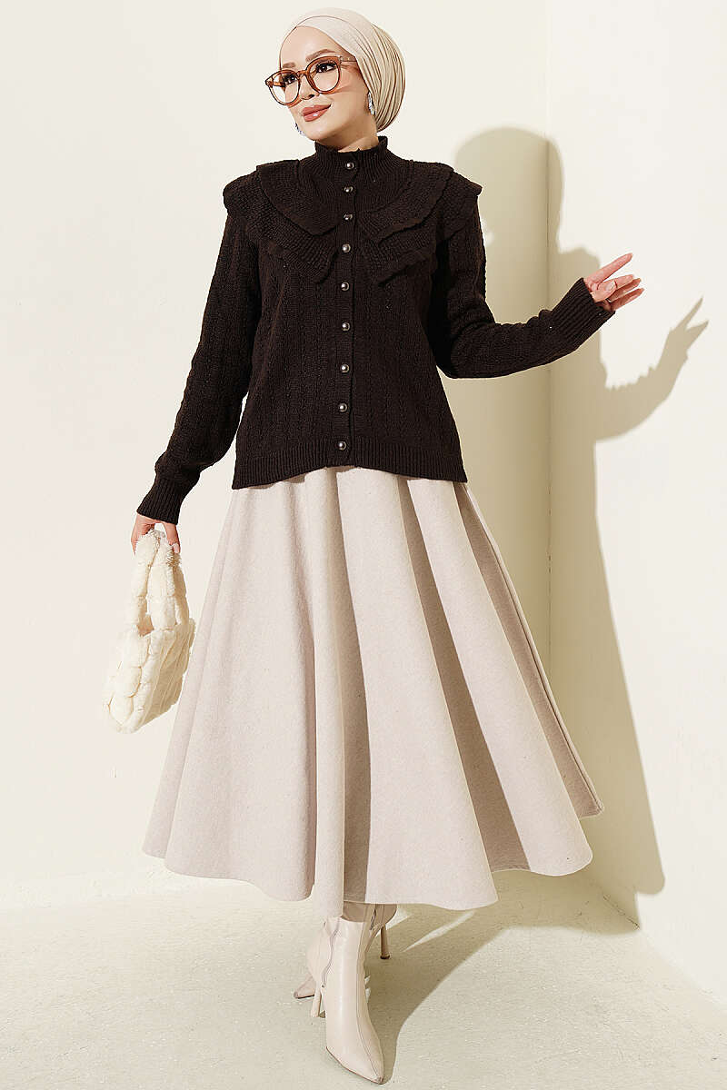 Ruffled-Collar Button Knit Cardigan - Brown