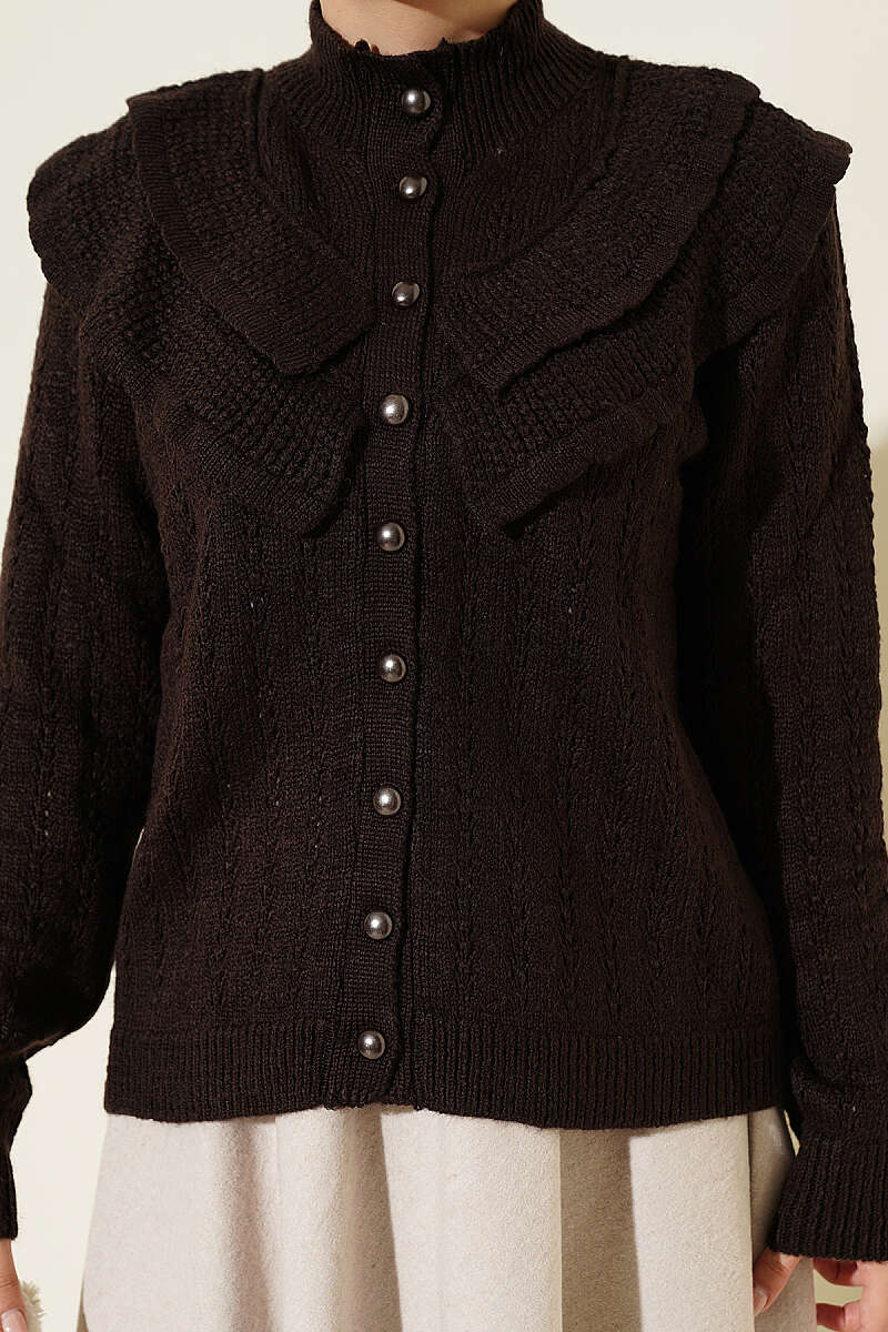 Ruffled-Collar Button Knit Cardigan - Brown