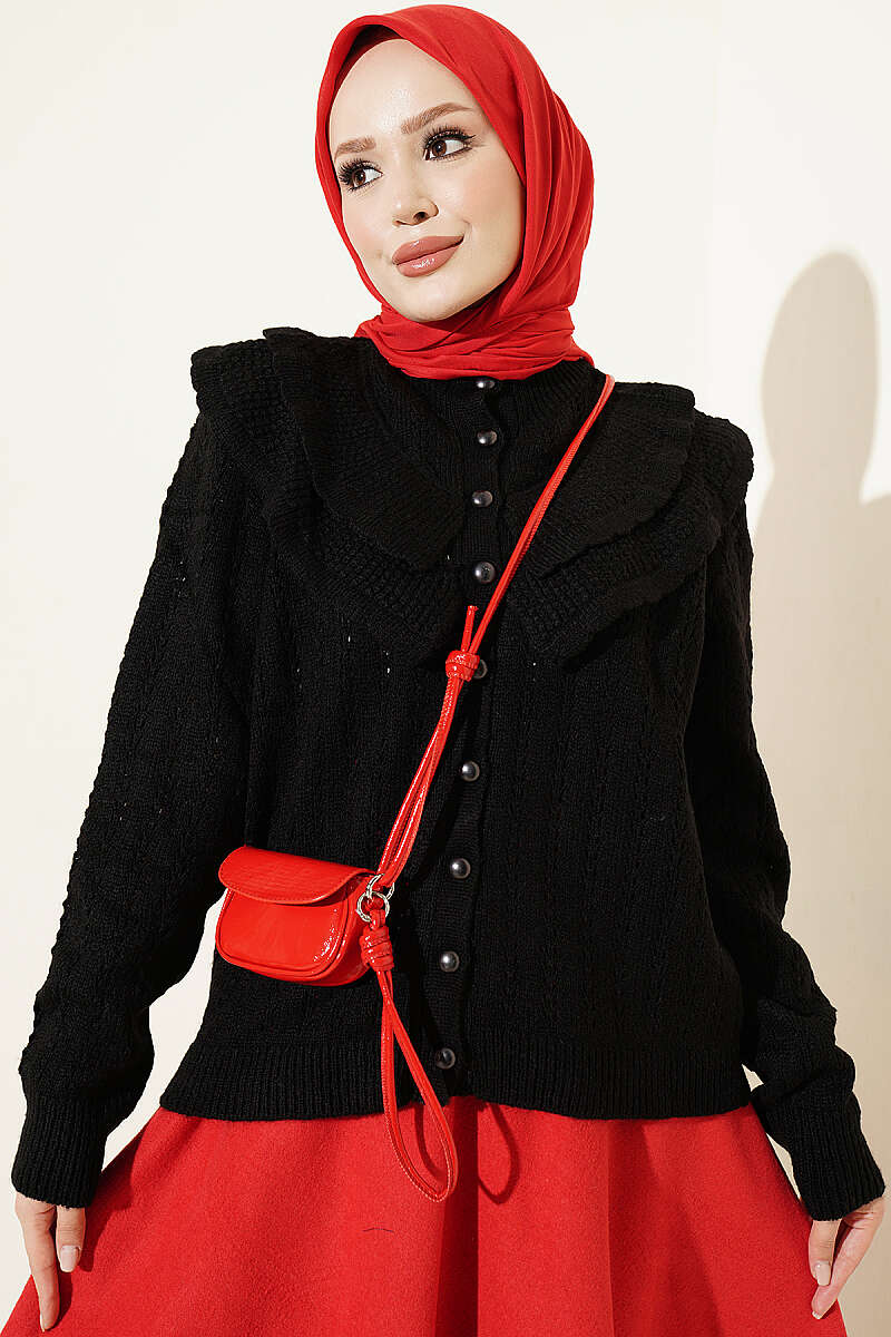 Ruffled-Collar Button Knit Cardigan - Black