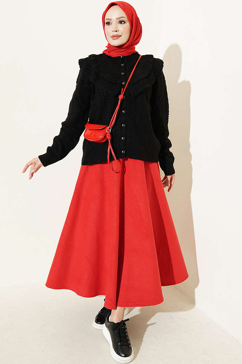 Ruffled-Collar Button Knit Cardigan - Black