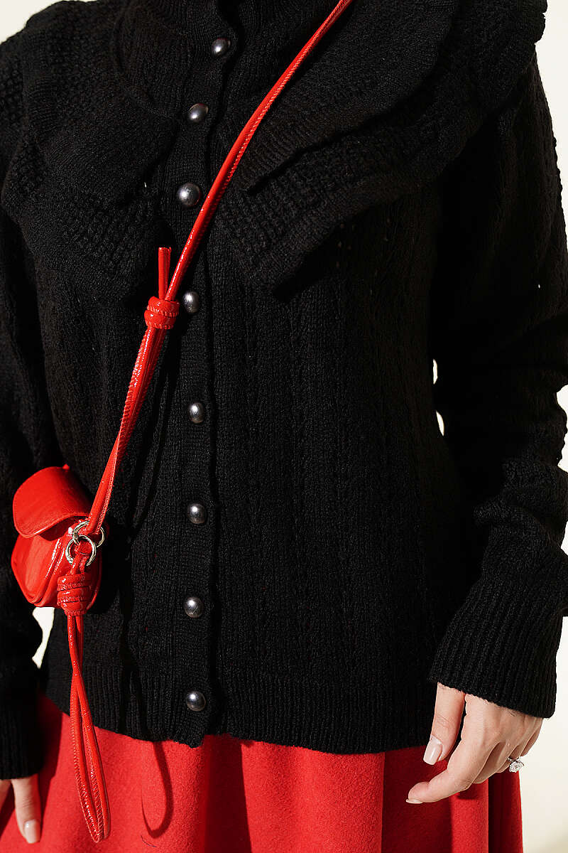 Ruffled-Collar Button Knit Cardigan - Black