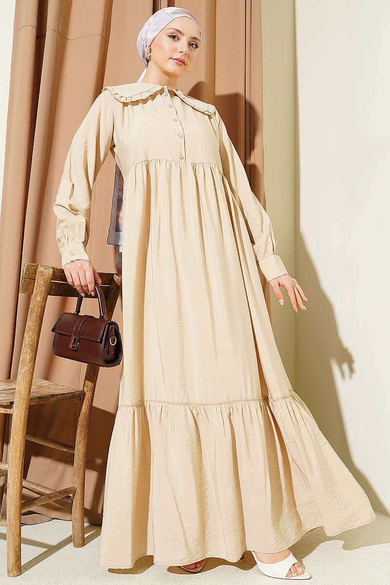 Button Dress with Ruffled Peter Pan Collar - Beige