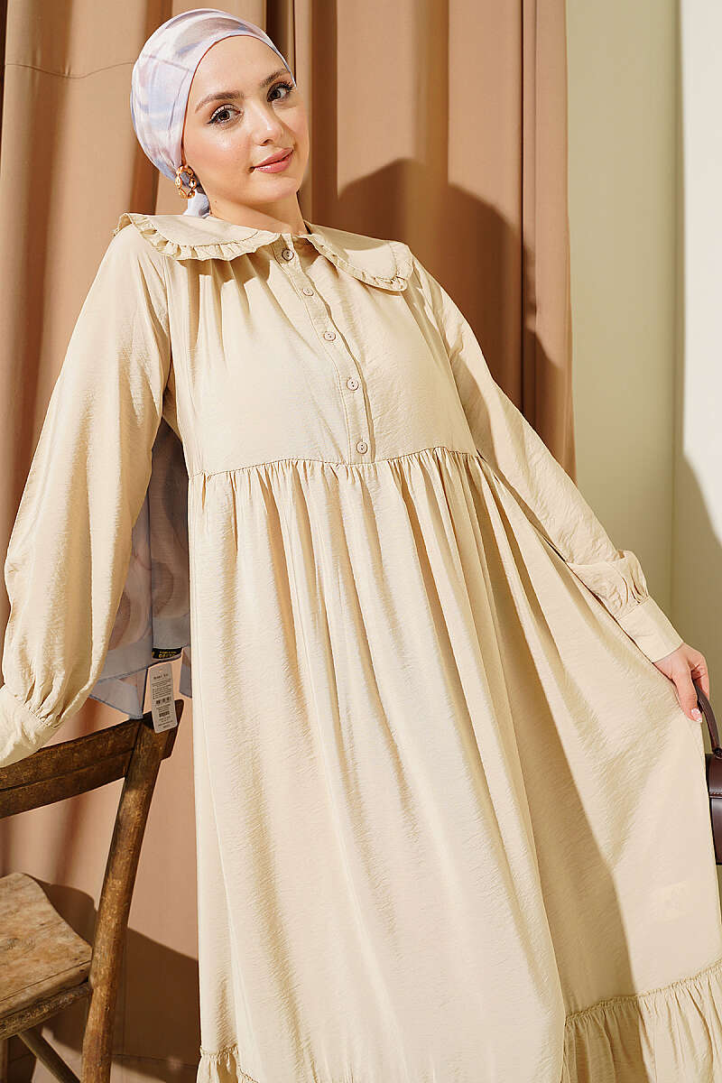 Button Dress with Ruffled Peter Pan Collar - Beige
