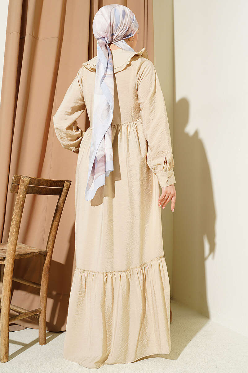 Button Dress with Ruffled Peter Pan Collar - Beige