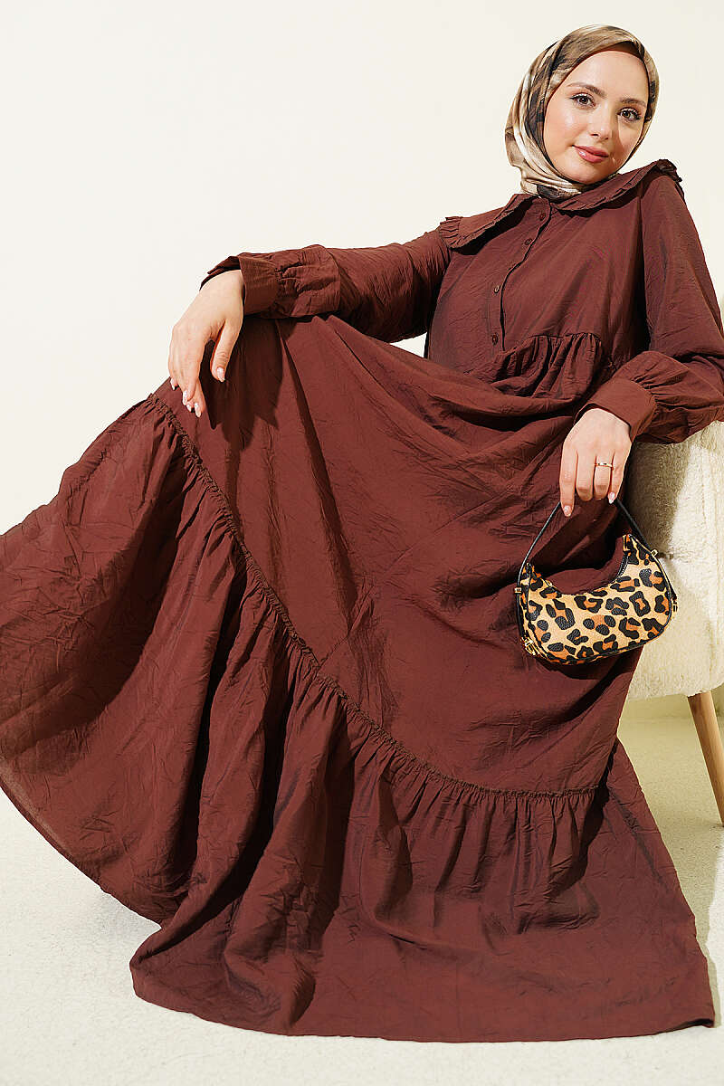 Button Dress with Ruffled Peter Pan Collar - Brown