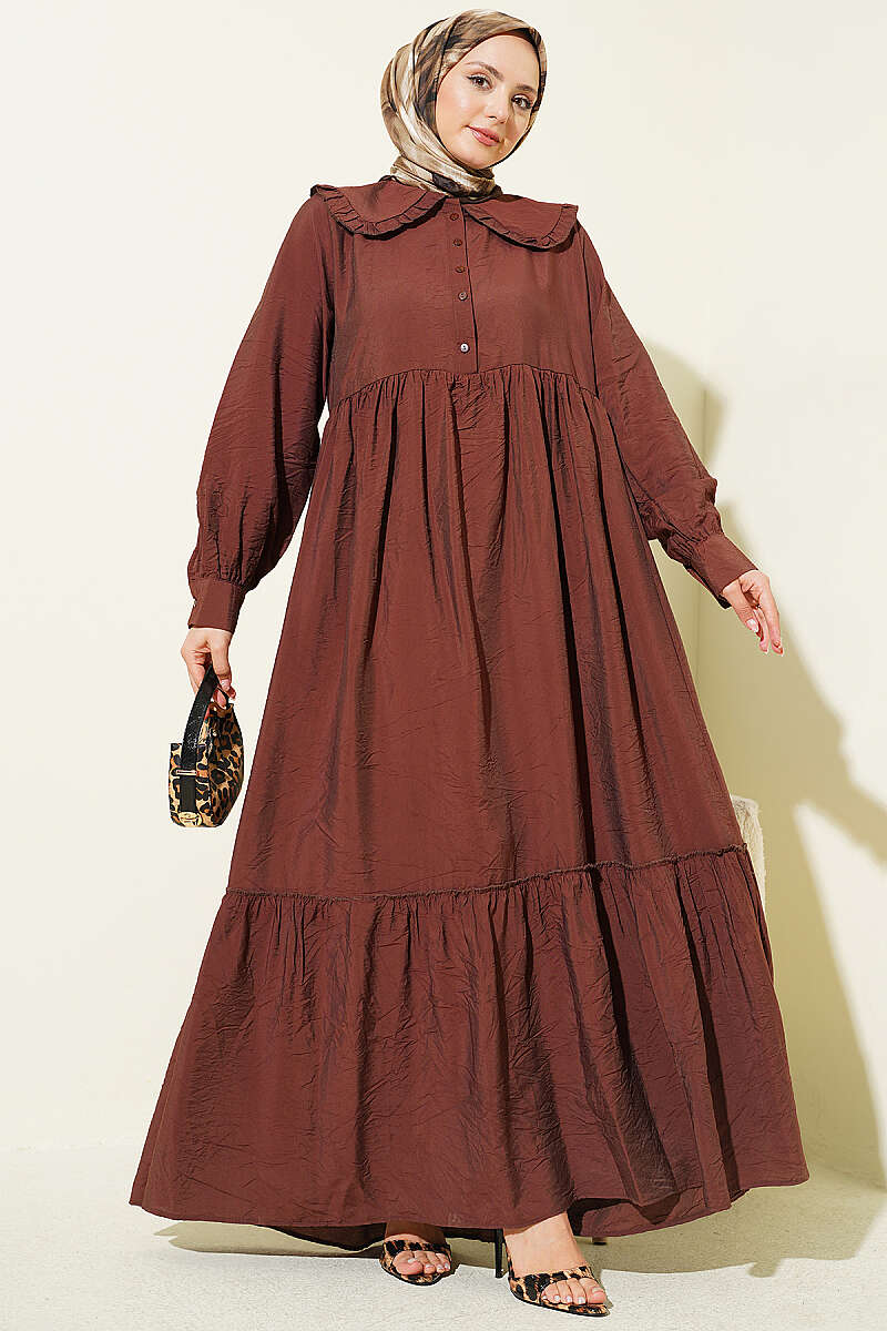 Button Dress with Ruffled Peter Pan Collar - Brown