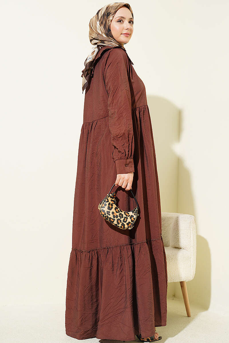 Button Dress with Ruffled Peter Pan Collar - Brown