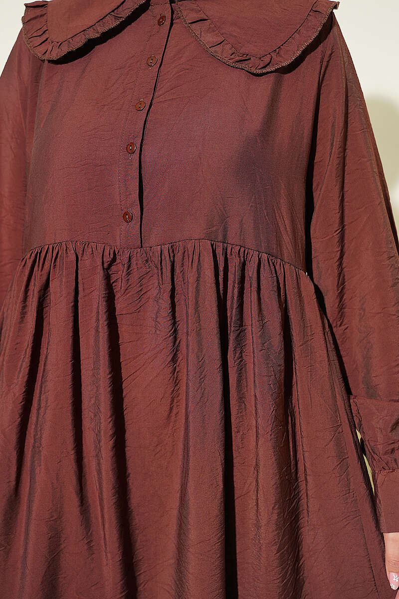 Button Dress with Ruffled Peter Pan Collar - Brown