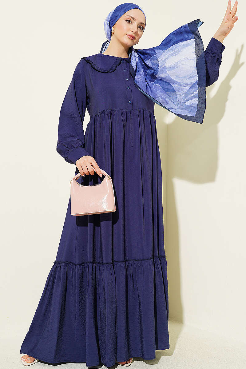 Button Dress with Ruffled Peter Pan Collar - Navy