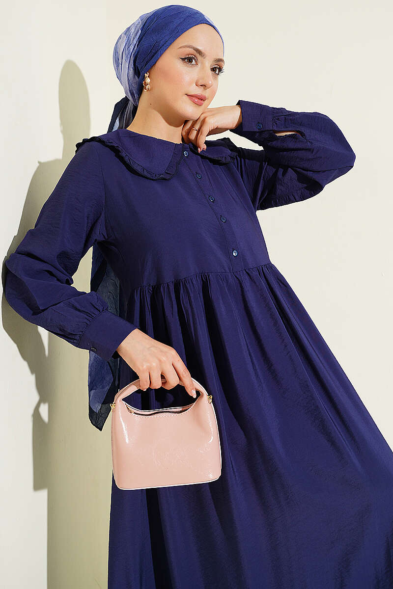 Button Dress with Ruffled Peter Pan Collar - Navy