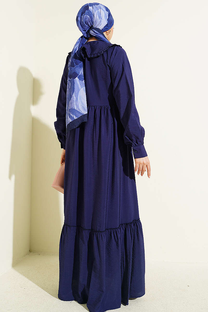 Button Dress with Ruffled Peter Pan Collar - Navy