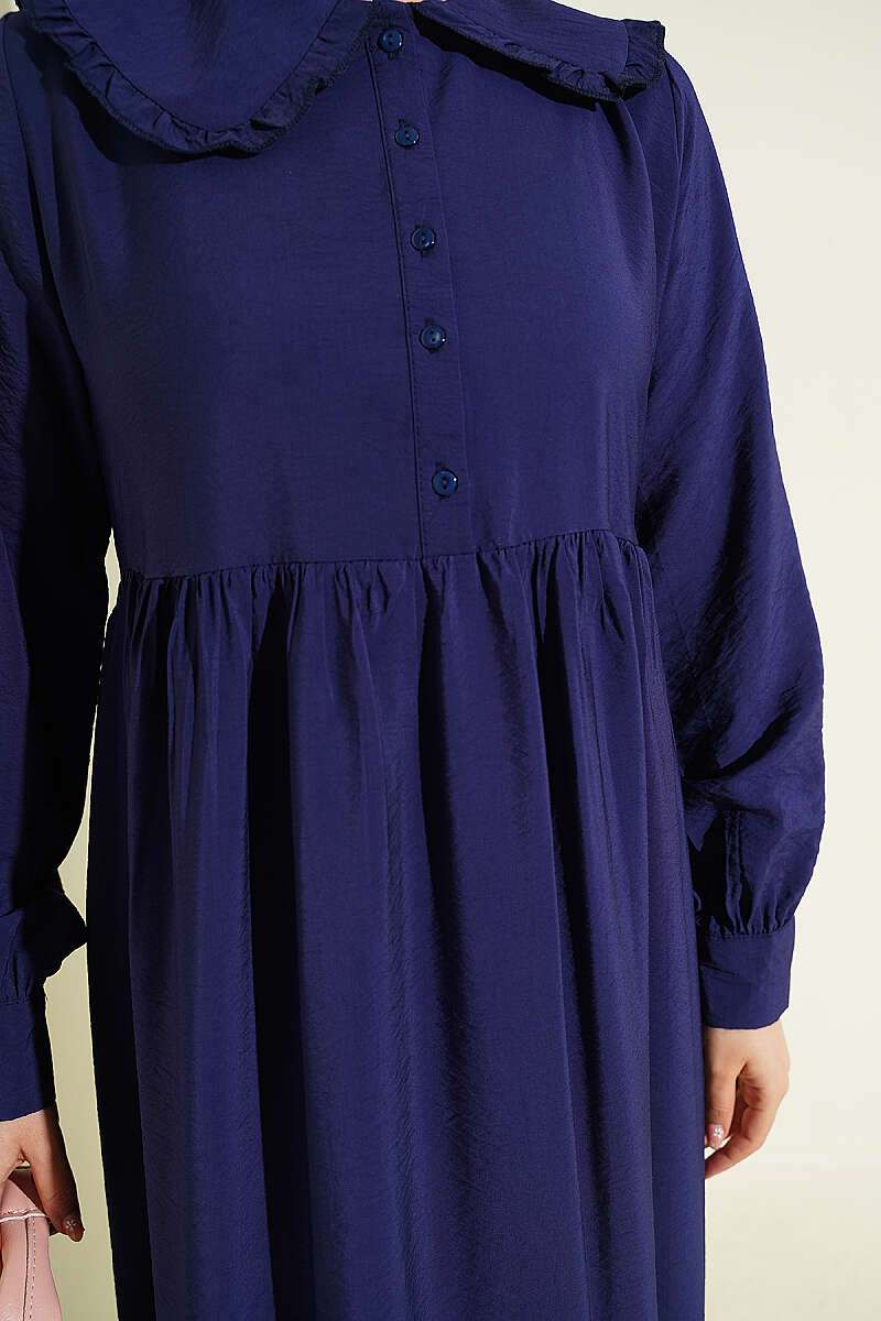 Button Dress with Ruffled Peter Pan Collar - Navy