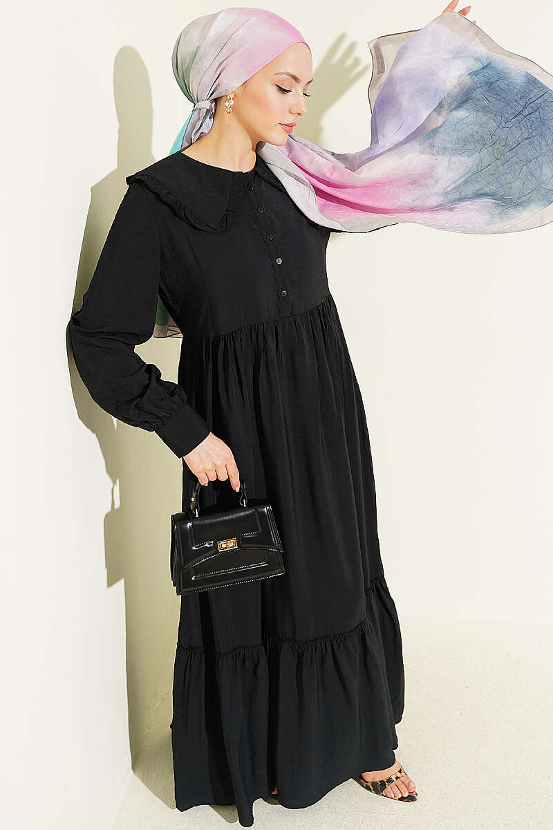 Button Dress with Ruffled Peter Pan Collar - Black