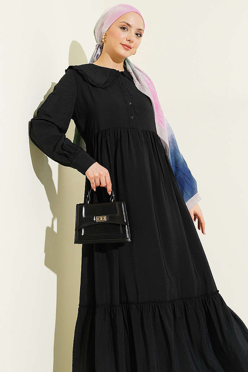 Button Dress with Ruffled Peter Pan Collar - Black