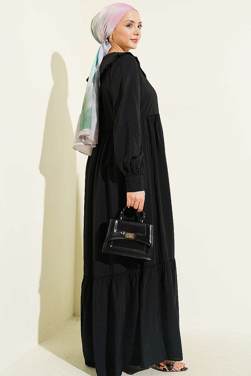 Button Dress with Ruffled Peter Pan Collar - Black