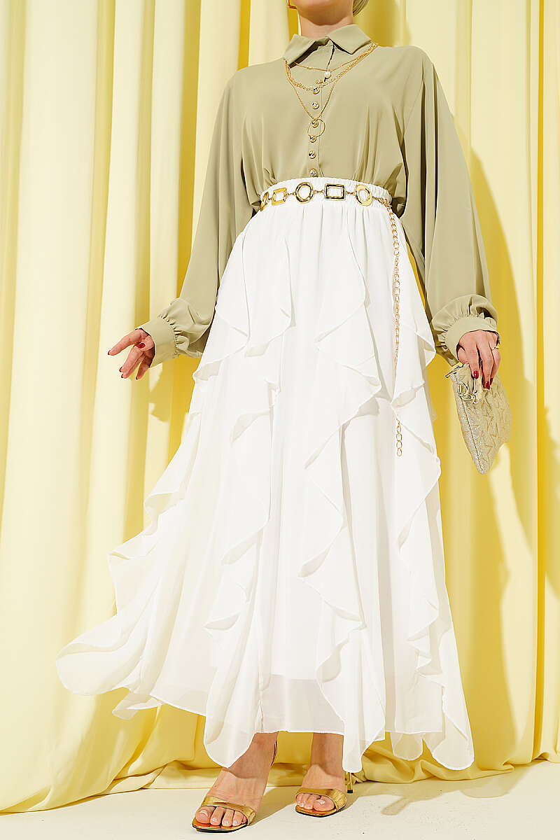 Ruffled Chiffon Skirt with Elastic Waist - Ecru