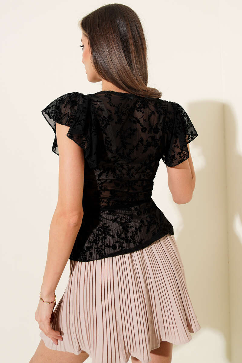 Sleeveless Floral Ruffle Tulle Blouse - Black