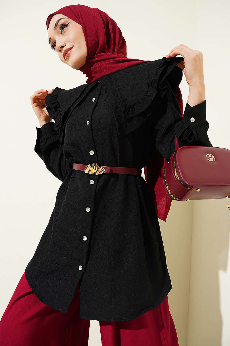 Ruffled Double Sailor-Collar Shirt - Black