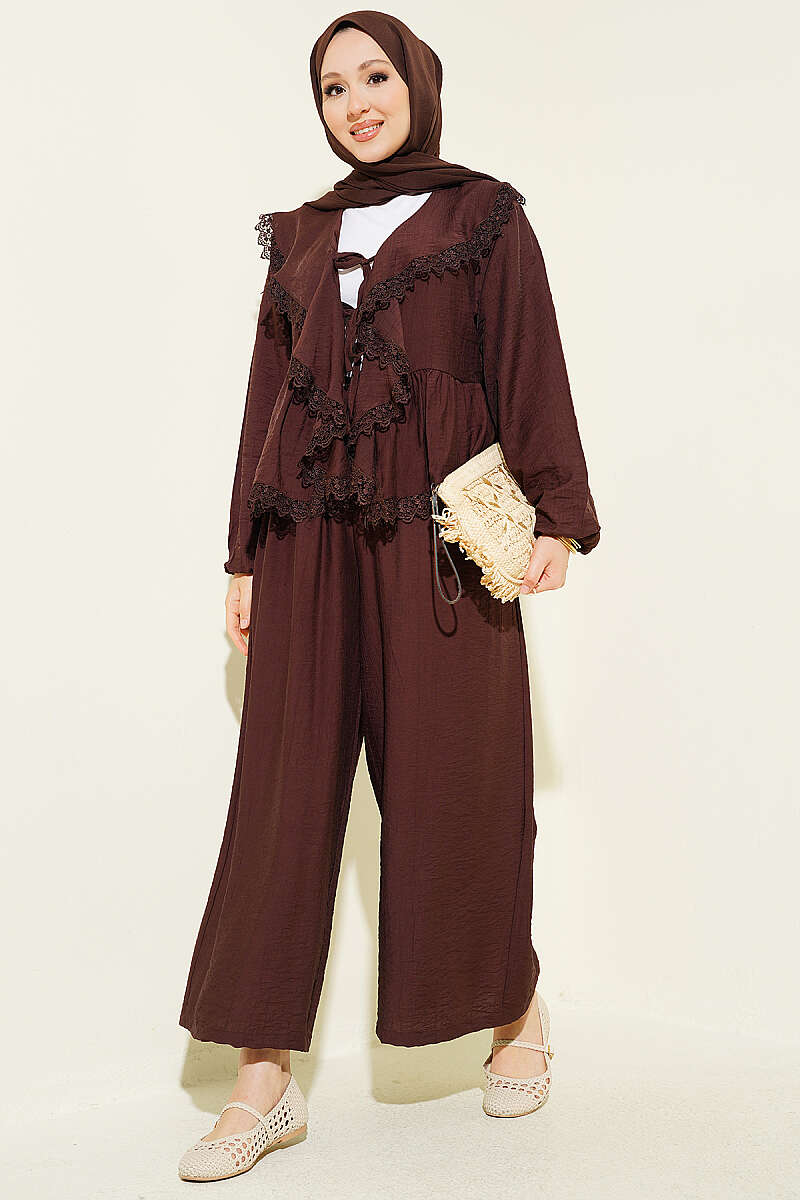 Ruffled Lace Two-Piece Set with Ties - Dark Brown